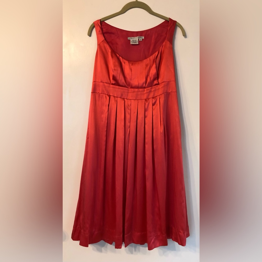 Maggy London Pleated Pink Salmon Scoop Neck Strapless Silk Cocktail Dress Sz 8